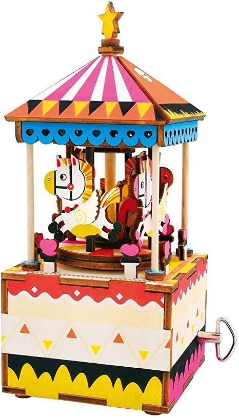 3D Wooden Puzzle Hand Crank Music Box Toys Machinarium-DIY Wood Craft Kit-Creative Gift for Boys and Girls When Christmas/Birthday/Valentine's Day (Merry-Go-Round)