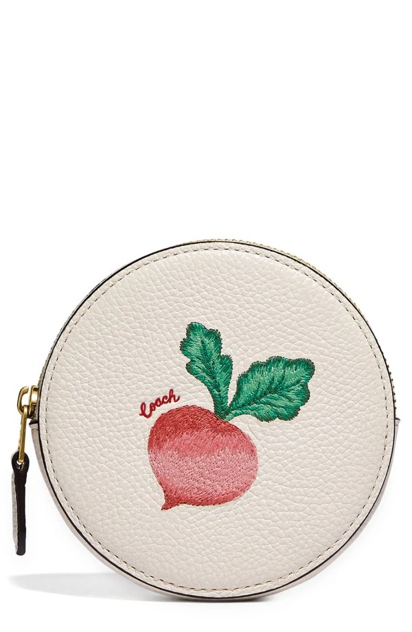Radish Embroidered Motif Round Leather Coin Purse