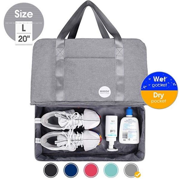 WANDF 16" / 20" Gym Bag Sports Duffle with Wet Pocket and Shoes Compartment for Swim Sports Travel Luggage
