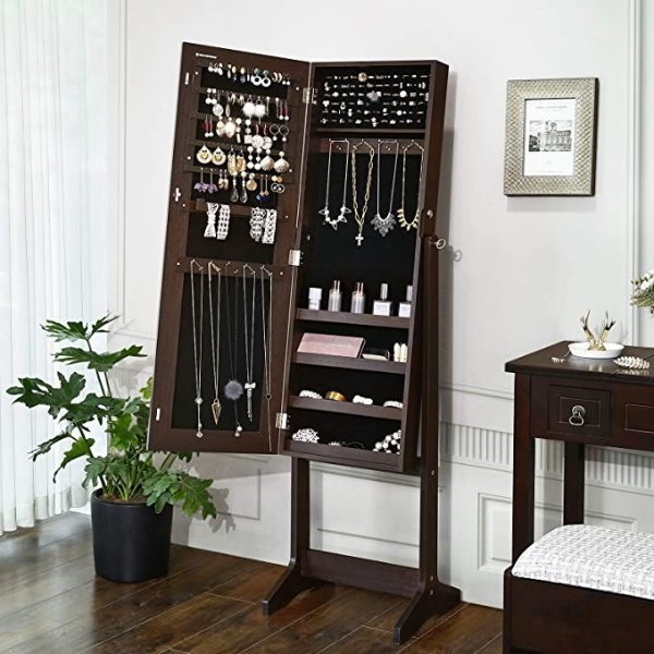 Jewelery Cabinet with Full-Length Mirror, Standing Large Storage Jewelry Armoire Organizer Lockable, Dark Brown UJJC69BR
