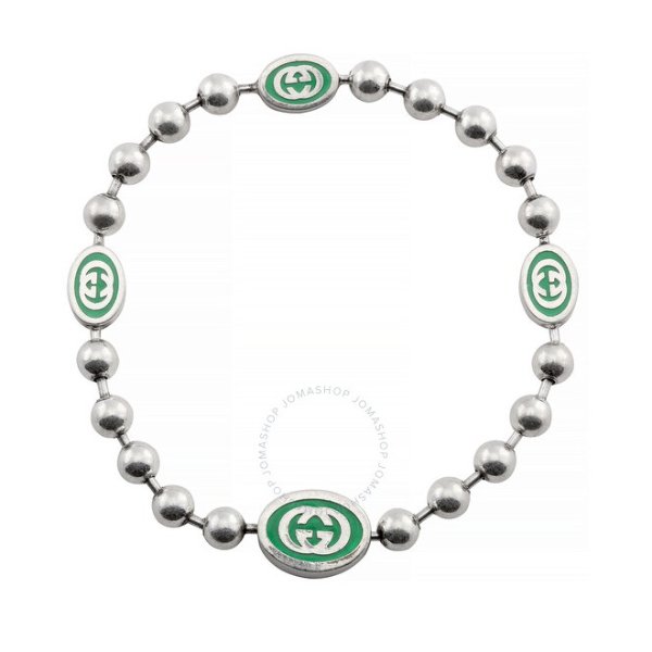 Ladies Interlocking G Green Enamel Silver Boule Chain Bracelet