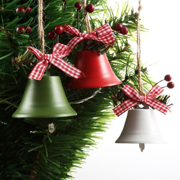 Christmas Tree Wrought Iron Bell Pendant Hemp Rope holly Berry Bell for Home Xmas Party Drop Ornaments Decoration