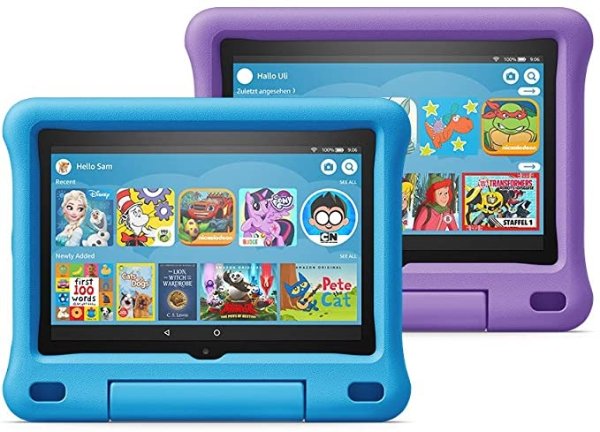 两个 超新 Fire HD 8 儿童平板电脑，蓝+紫色