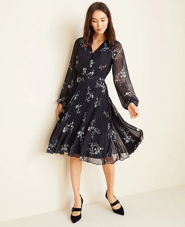 Floral Pleated Flare Dress | Ann Taylor