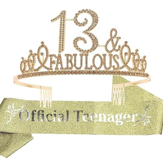 EBE EmmasbyEmma 13th Birthday Sash and Tiara for Girls - Fabulous Set: Glitter Sash + Fabulous Rhinestone Gold Premium Metal Tiara, 13th Birthday Gifts for Teenegers Party