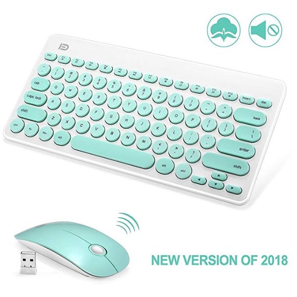 Wireless Keyboard and Mouse Combo, FD iK6620 2.4GHz New Cordless Cute Round Key Set 79-Key Compact Keyboard Power-Saving Quiet Slim Combo for Laptop, Computer, Mac (No Number Keys)-Mint Green&White