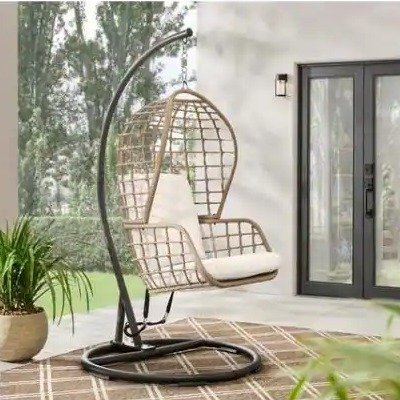 Melrose Park Open Wicker Outdoor Patio Egg Swing with CushionGuard Almond Biscotti Cushions