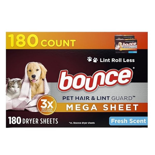 Pet Hair and Lint Guard Mega Dryer Sheets with 3X Pet Hair Fighters, Fresh Scent, 180 Count