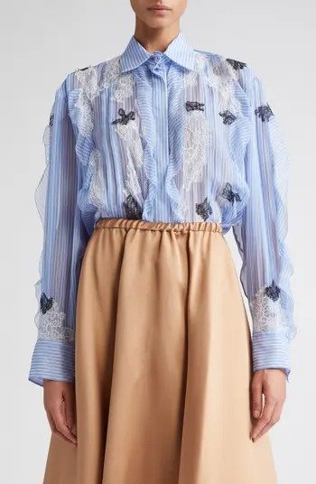 Lace Ruffle Stripe Silk Chiffon Button-Up Shirt