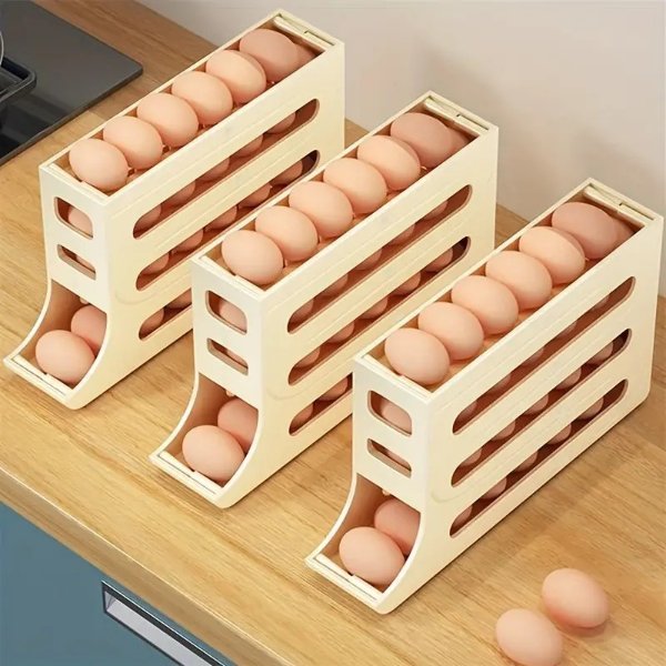 Automatic Rolling Egg Tray Storage Box - Large Capacity Plastic Egg Holder for Refrigerator, No Battery Required (Holds 30 Eggs)