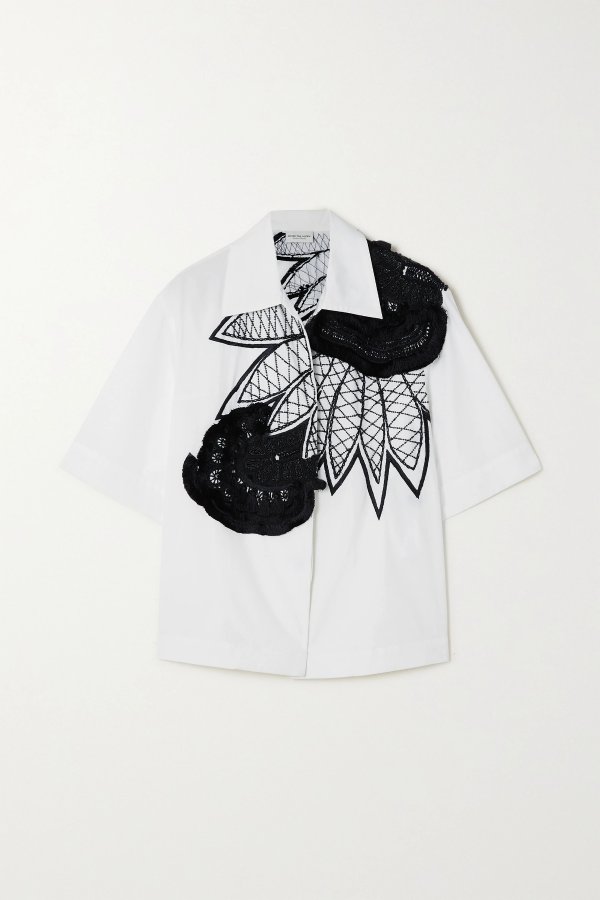 Tasseled beaded embroidered cotton-poplin shirt