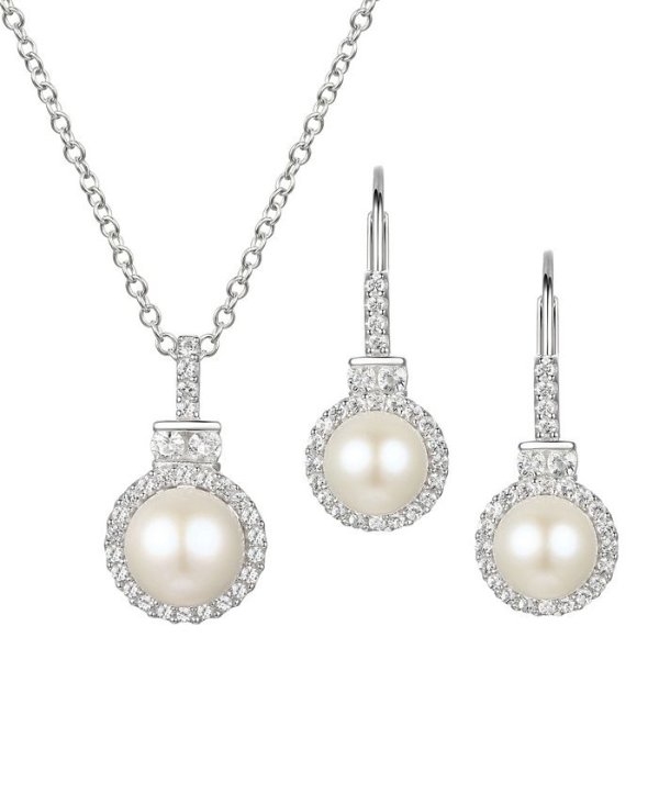 2-Pc. Set Cultured Freshwater Pearl (6-1/2 & 7-1/2mm) & White Topaz (1/3 ct. t.w.) Pendant Necklace & Matching Drop Earrings in Sterling Silver