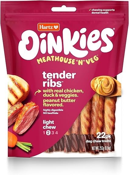 Oinkies Meathouse'n'Veg Tender Ribs Dog Treats with Real Chicken, Duck, Veggies & Peanut Butter Flavor, 22 Count, Highly Digestible and Rawhide-Free