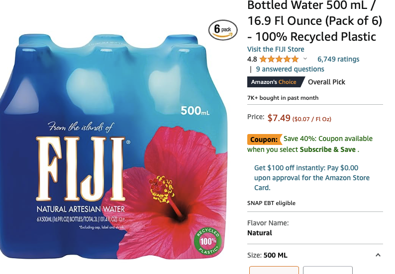 Amazon.com: FIJI Natural Artesian Bottled Water 500 mL / 16.9 Fl Ounce (Pack of 6) 额外6折 指定用户