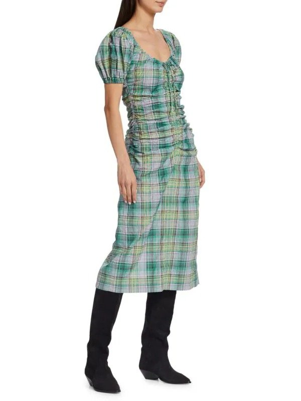 Plaid Puff Sleeve Midi Dress
