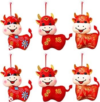 6 Pieces Chinese Plush Cattle Ox Toy Bolster Stuffed Animal Plush Doll Chinese Cow Plush Lucky Ox for 2021 Chinese Ox New Year Lucky Zodiac Home Office Car Party Hanging Decorations