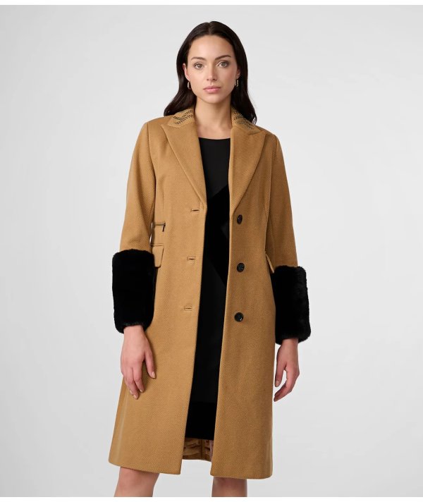 WOOL COAT WITH FAUX FUR CUFFS