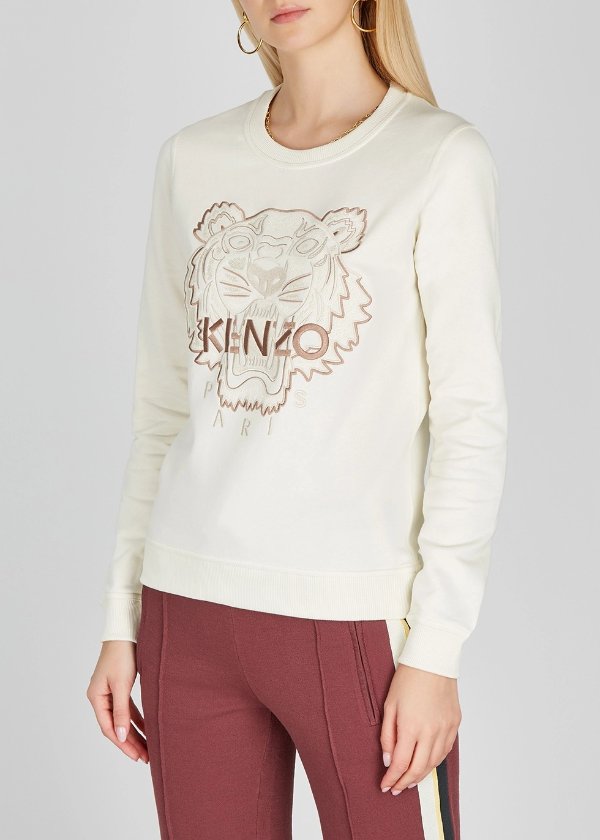 Ecru tiger-embroidered cotton sweatshirt
