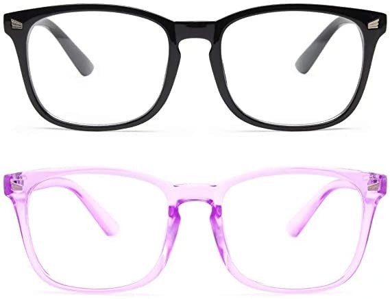 2 Pack Blue Light Blocking Glasses, Computer Reading/Gaming/TV/Phones Glasses for Women Men,Anti Eyestrain & UV Glare(Light Blcak+Clear Purple)