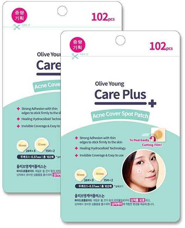 1 Pack Care Plus Spot Patch 102ea (10mm 72ea + 12mm 30ea) - Acne Spot Pimple Absorbing Cover Patch, Moist Wound Dressing for Skin Trouble Acne Pimple Care Hydrocolloid Patch