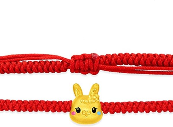 999 Pure 24K Gold Year of Rabbit Winking Rabbit Braided Red Rope Bracelet