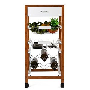 HOMFA Kitchen Rolling Trolley Cart 4-Tiers Bamboo & MDF Board Top With Drawer & Shelves Home Furniture (Brown, Single column)