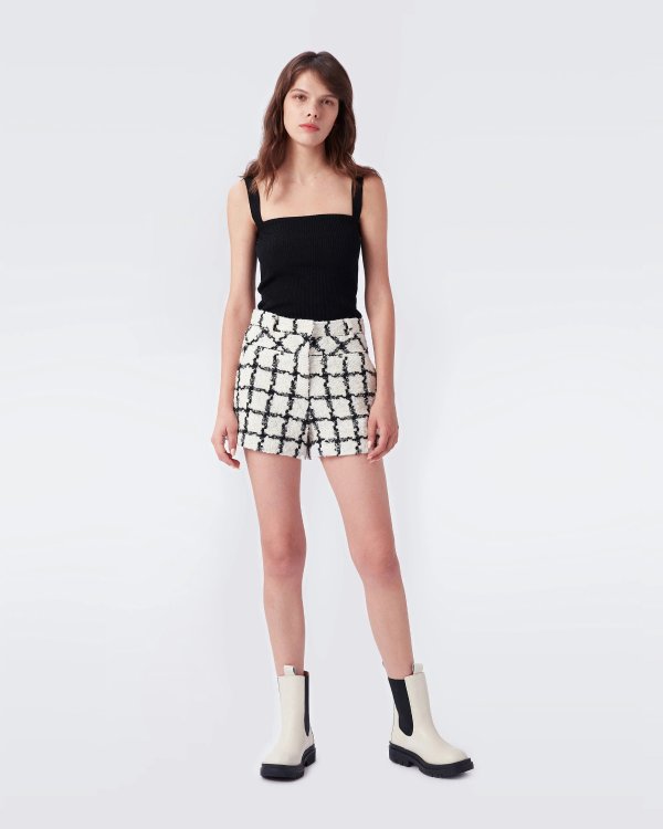 Gramercy Boucled Wool Shorts in White Check