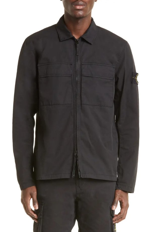 Zip Front Stretch Cotton Twill Overshirt