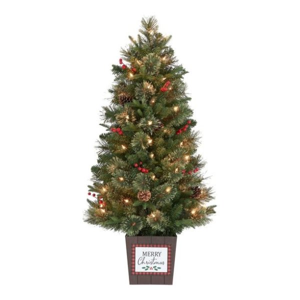 3.5ft Pre-Lit Cashmere Potted Christmas Tree, Green, 3.5', Clear