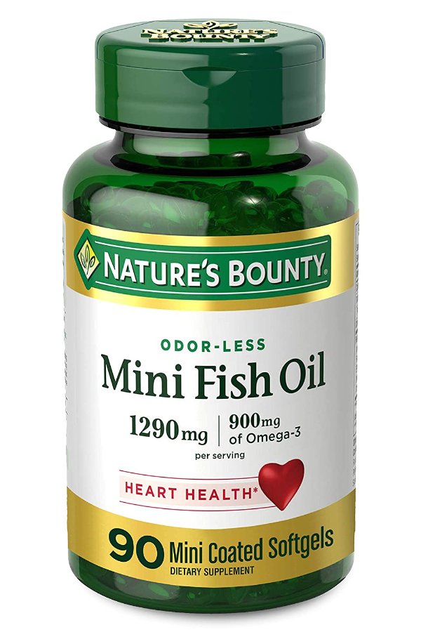 Nature’s Bounty Mini Fish Oil, 1290 mg, 900 mg of Omega-3, 90 Mini Coated Softgels, Unflavored