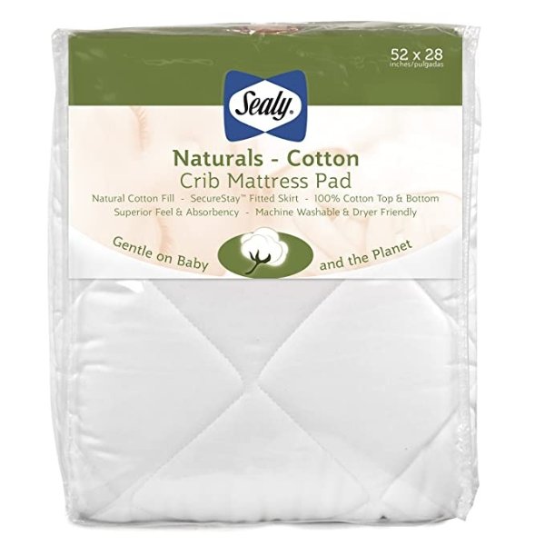 Naturals Cotton Waterproof Fitted Toddler Bed and Baby Crib Mattress Pad Cover Protector, Noiseless, Machine Washable and Dryer Friendly, 52" x 28" - White