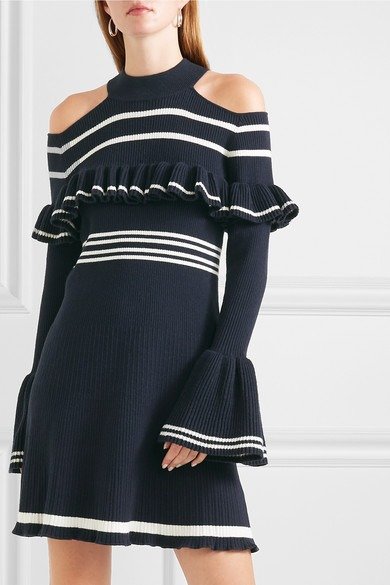 Cold-shoulder ruffled striped ribbed-knit mini dress