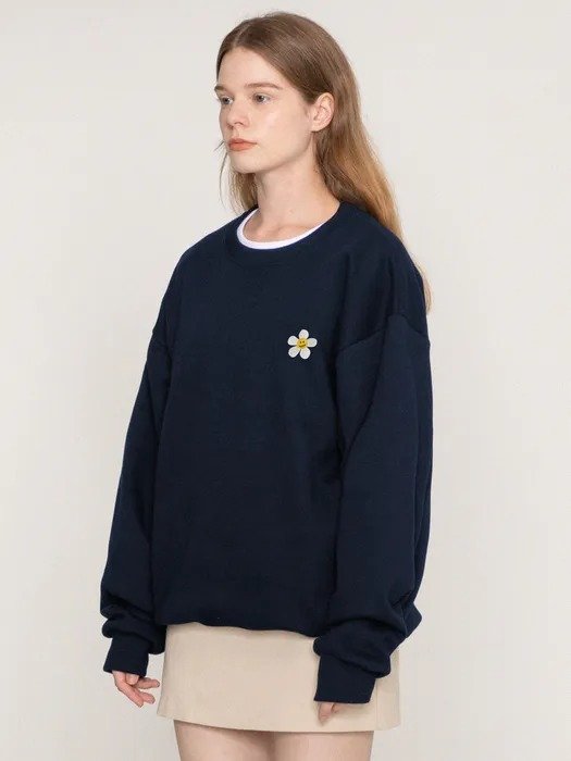 Flower Dot Embroidery White Clip Sweatshirt Navy