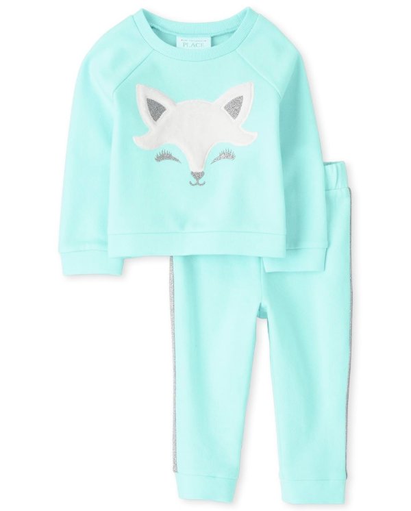 Toddler Girls Long Sleeve Fox French Terry Sweatshirt And Side Stripe French Terry Jogger Pants Outfit Set