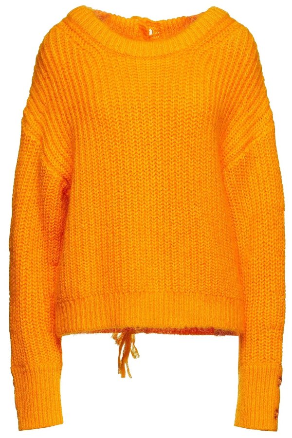 Fringe-trimmed brushed ribbed-knit sweater