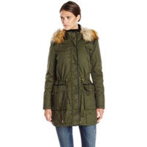 French Connection Women's Wax Finished Anorak with Faux Fur Trim Hood