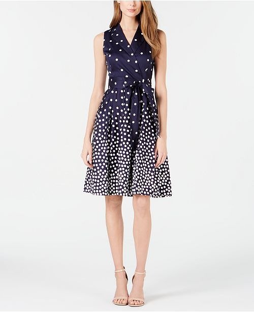 Notch-Collar Dot-Print Belted Dress