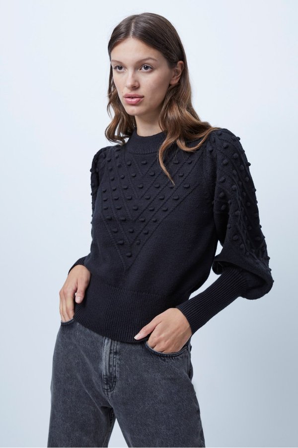 Cropped Bobble Balloon Sleeve Jumper