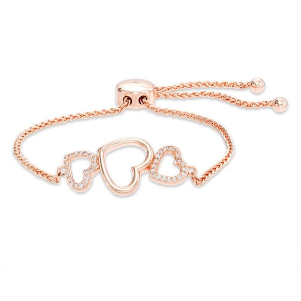 Lab-Created White Sapphire Triple Heart Bolo Bracelet in Sterling Silver with 18K Rose Gold Plate - 9.0&quot;|Zales