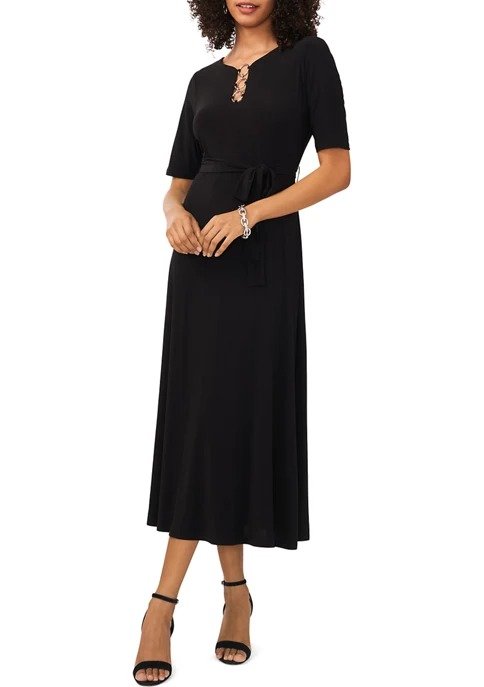 Women's Short Sleeve Solid Tie Waist Fit and Flare Dress