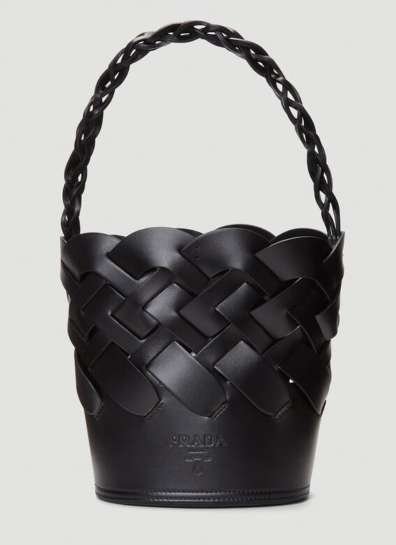 Woven Leather Bucket Bag in Black