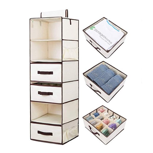 Hanging Closet Organizer, Foldable Closet Hanging Shelves with 2 Drawers & 1 Underwear Drawer, Polyester Canvas Closet Organizer,Natural, 6-Shelf, 13.6x12.2x42.5 inches