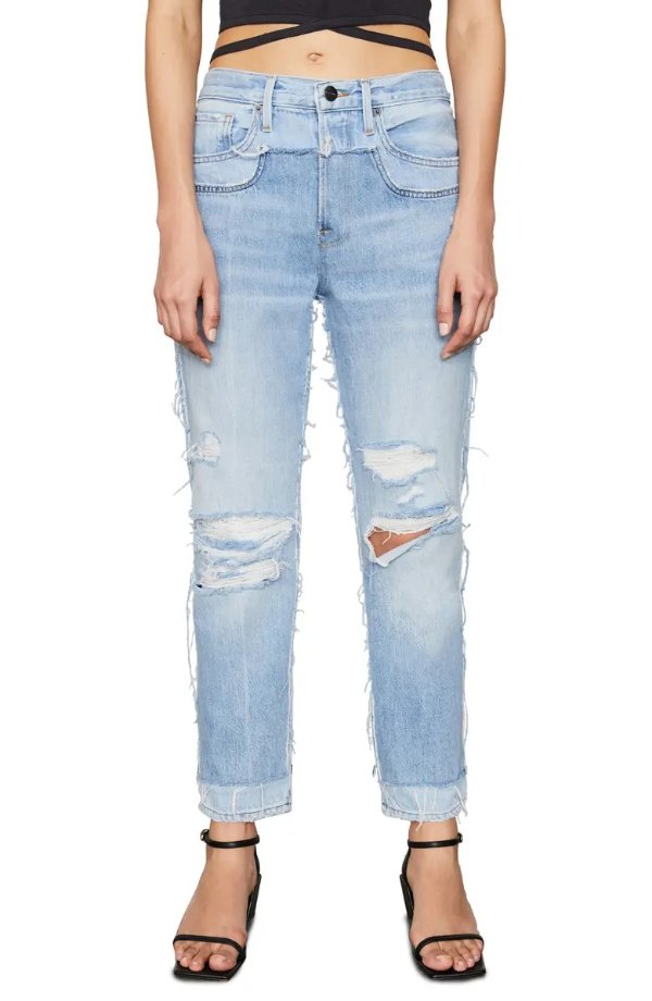 Layered Look Distressed Straight Leg Jeans