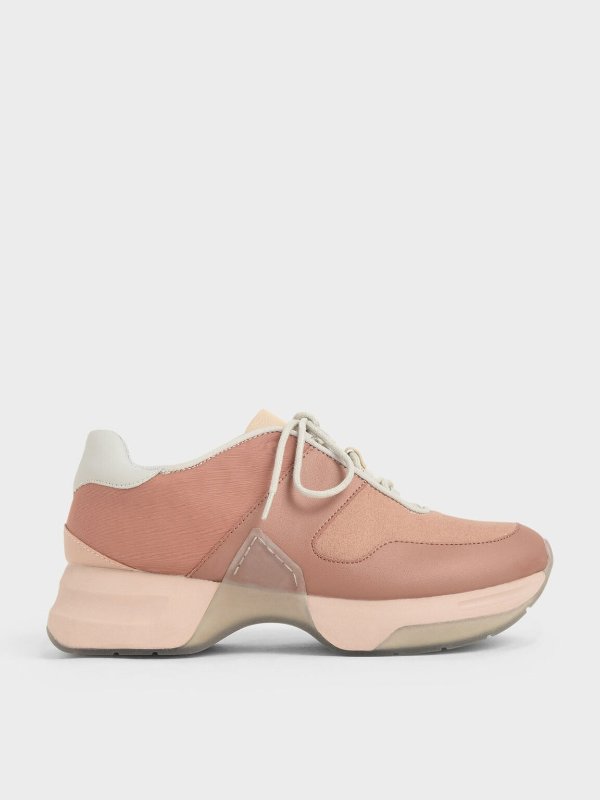 Nude Textured Lace-Up Sneakers | CHARLES &amp; KEITH