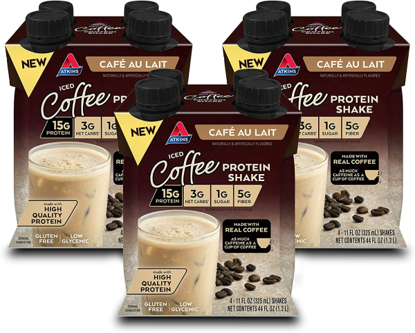 Iced Coffee Café au Lait Protein Shake, with Coffee and Protein, Keto-Friendly and Gluten Free, (12 Shakes)