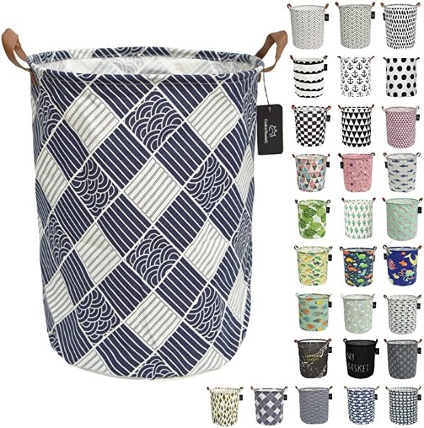 laundry baskets,bedroom hamper,kitchen organization,Waterproof Round Cotton Linen Collapsible storage basket. (Lucky Clouds)