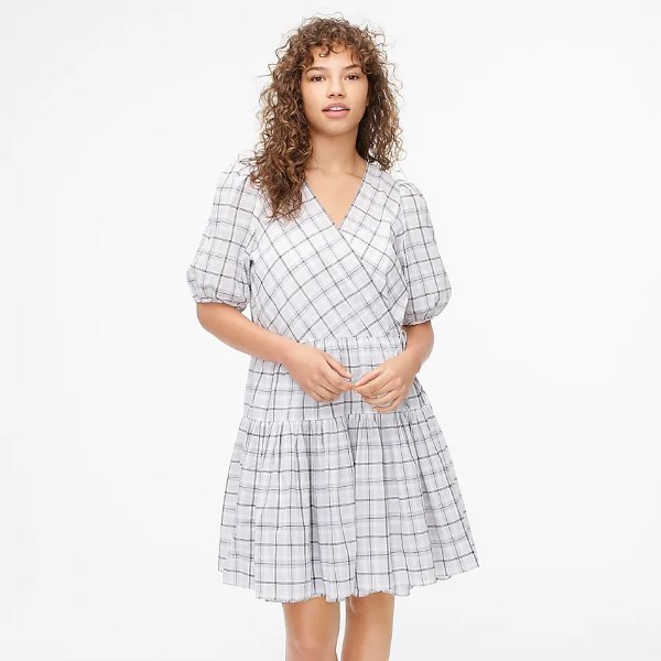 Puff-sleeve cotton voile wrap dress in oyster plaid