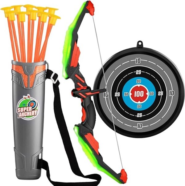 Kids Bow and Arrow Set - LED Light Up Archery Toy Set with 10 Suction Cup Arrows, Target & Quiver, Indoor and Outdoor Toys for Children Boys Girls