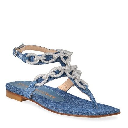 Khloe Chain-Embellished Denim Ankle-Strap Sandals