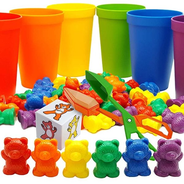Rainbow Counting Bears with Matching Sorting Cups, Bear Counters and Dice Math Toddler Games 70pc Set - Bonus Scoop Tongs